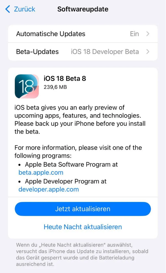 怀宁苹果手机维修分享苹果 iOS / iPadOS 18 开发者预览版 Beta 8 发布 